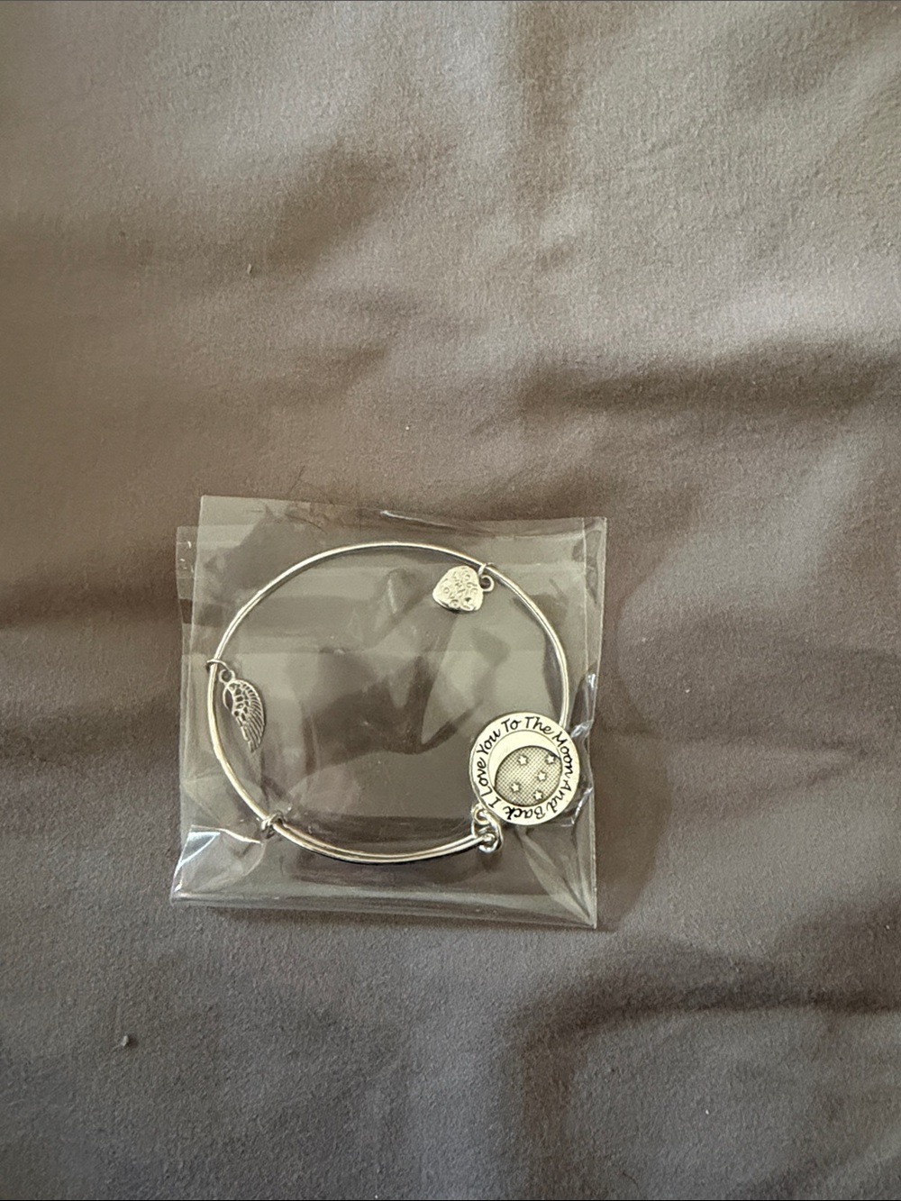 Silver Charm Bangle Bracelet with Inspirational Disc and Heart Charm
